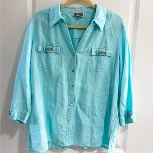 JM Collection Turquoise Blue Button Down 100% Linen Shirt w/Chain Detail- large